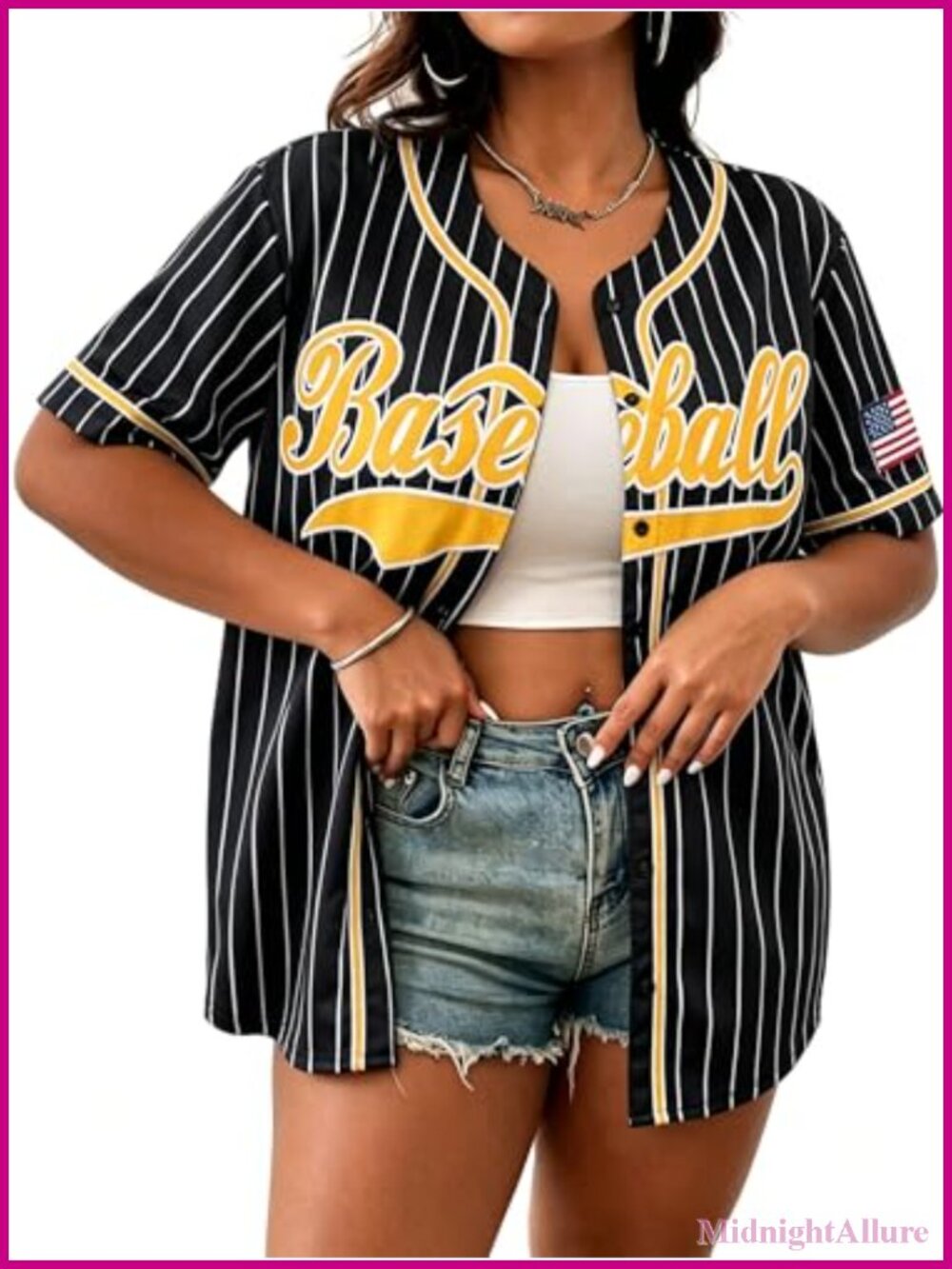 Plus Size Baseball Jersey V-Neck Button Down Top